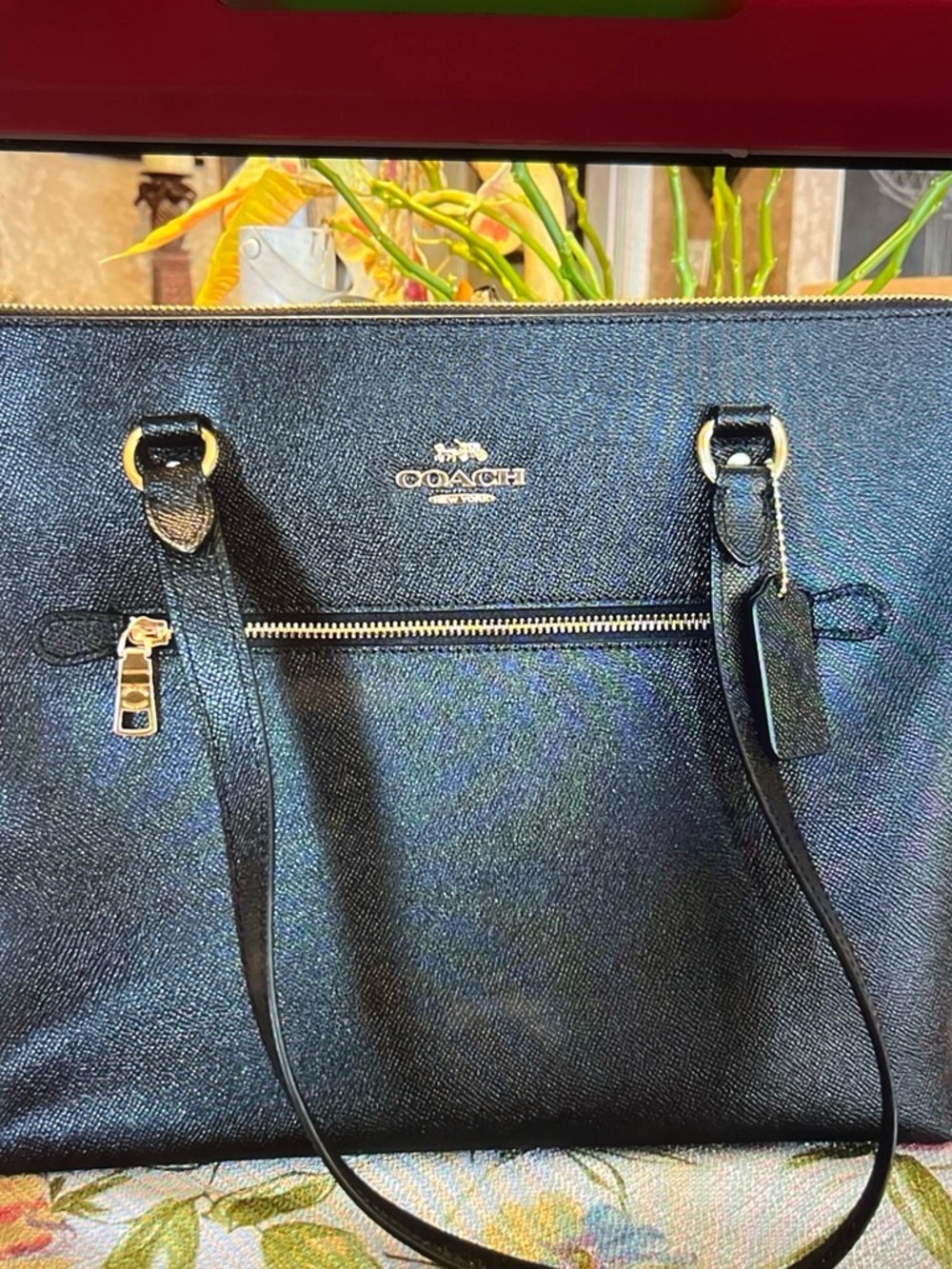 Coach Black Saffiano Leather Tote with Gold Accents